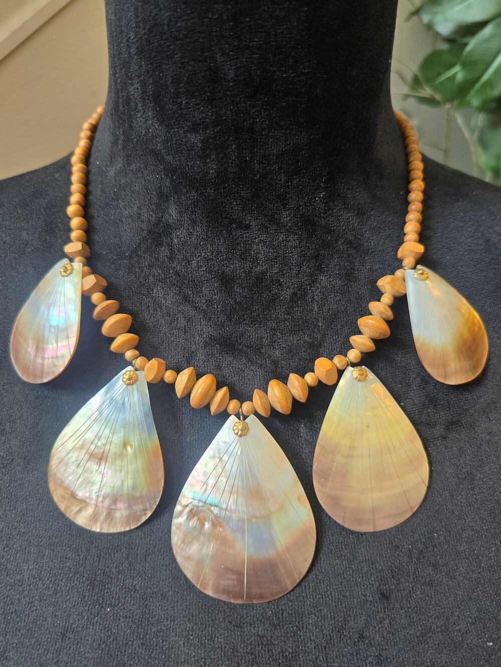 Lightweight Brown Wood Bead Iridescent Shell Teardrop Statement Necklace